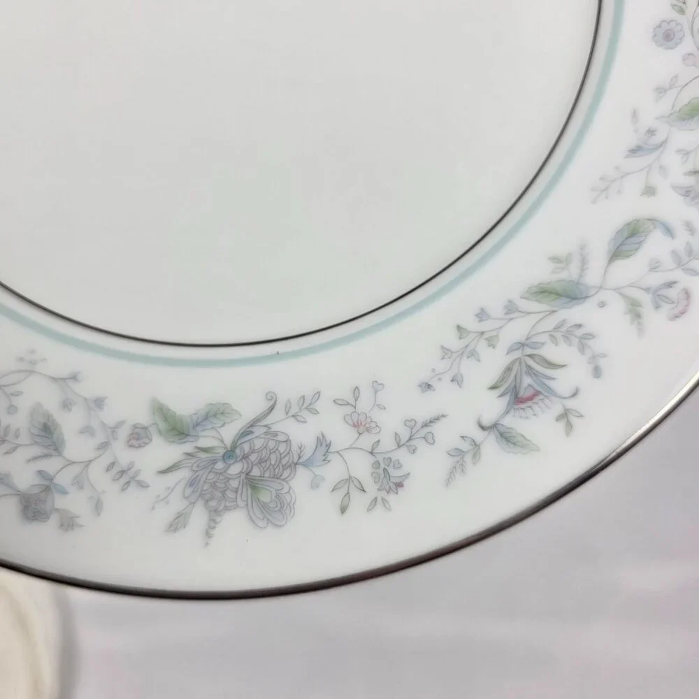 FOUR Oxford China Spring Salad Plate Multicolor Floral Rim Aqua Band